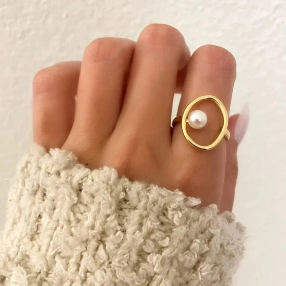 925 Sterling Silver Gold Pearl Statement Ring Boho Minimalist Oval Round Ring - Picture 2 of 8